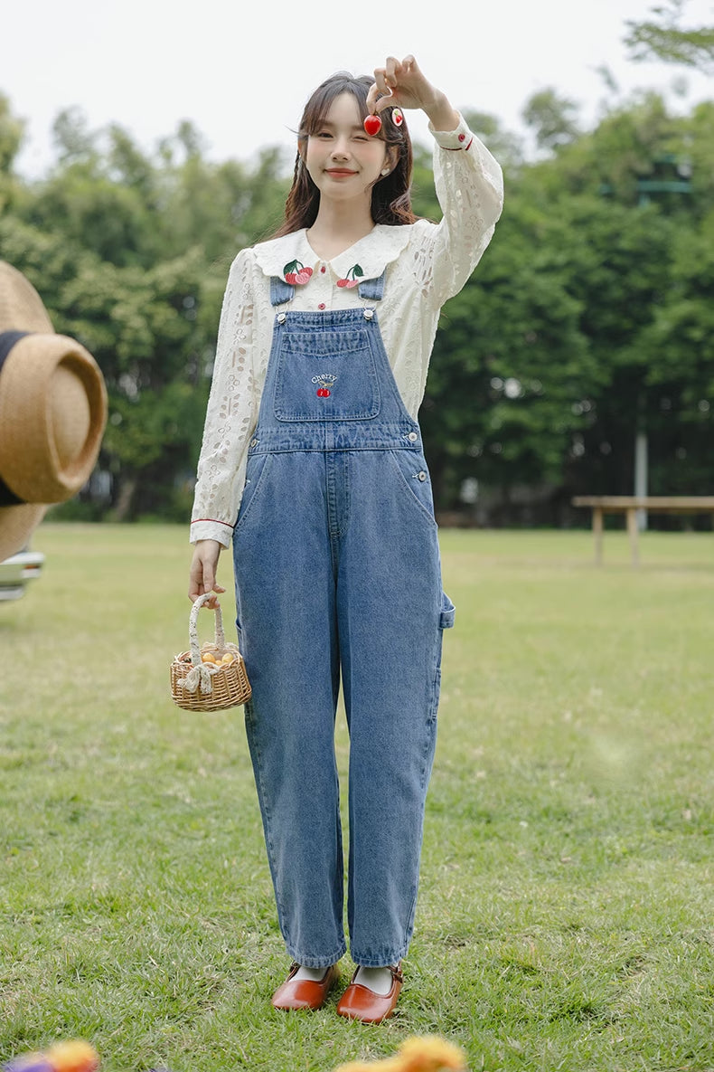 Cherry Denim Overalls (Medium Blue)