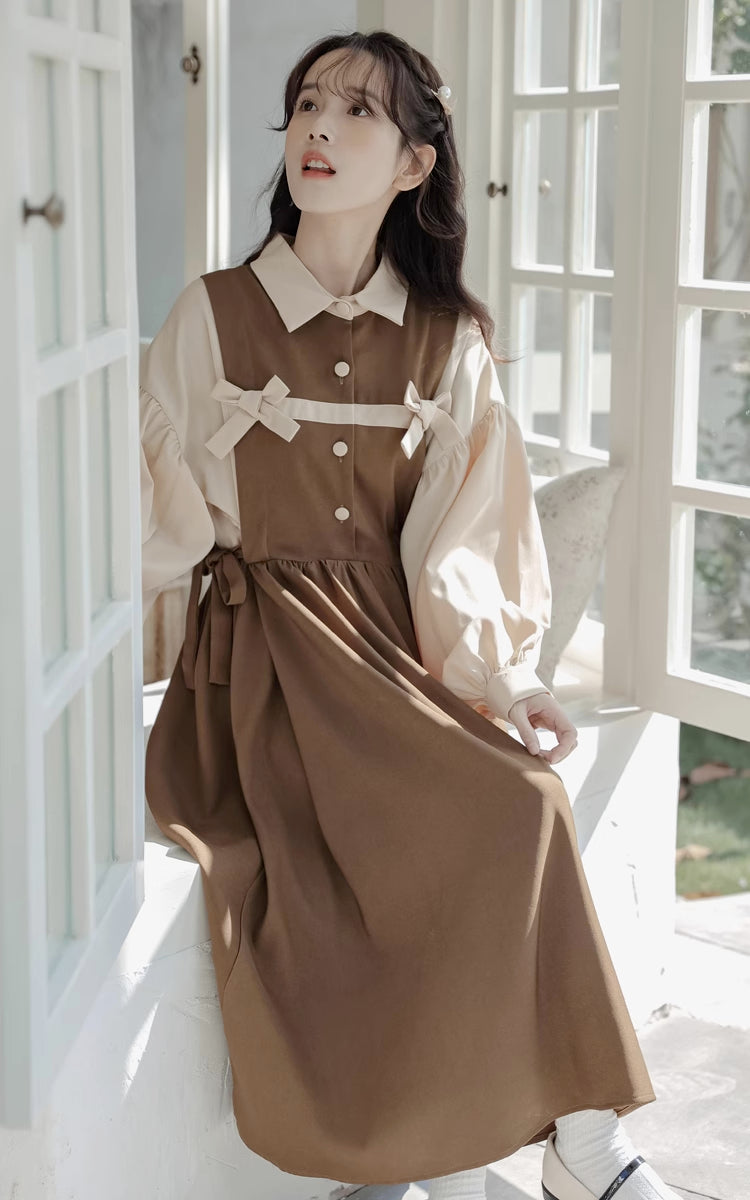 Cocoa Bows Twofer Midi Dress (Brown)