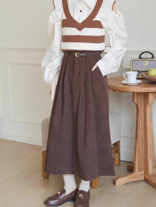 Belted Corduroy Midi Skirt (3 Colors)