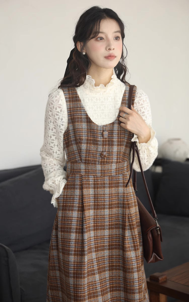 Sunset Plaid Pinafore Midi Dress (Brown)