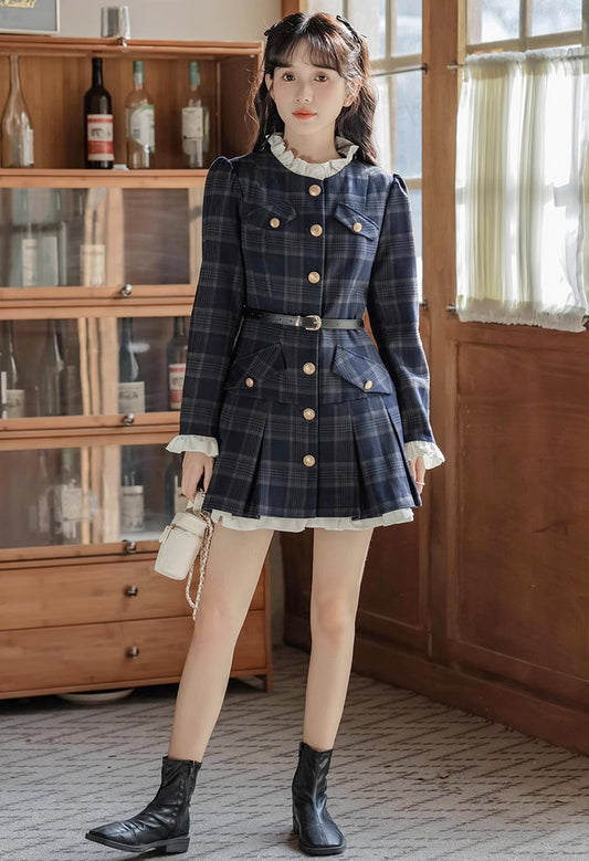 Academia Plaid Button Mini Dress (Navy)