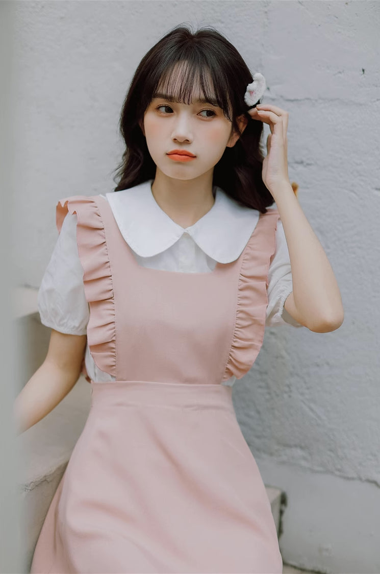 Frilly Mini Apron Pinafore Dress (Pink)