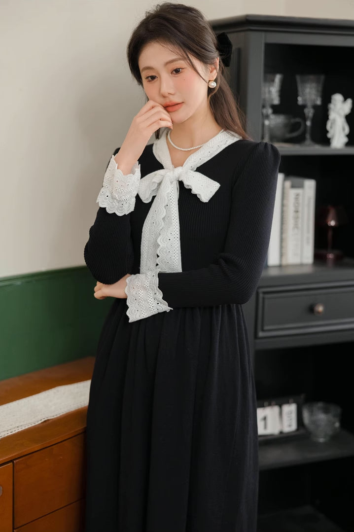 Lace Trim Sweater Midi Dress (2 Colors)