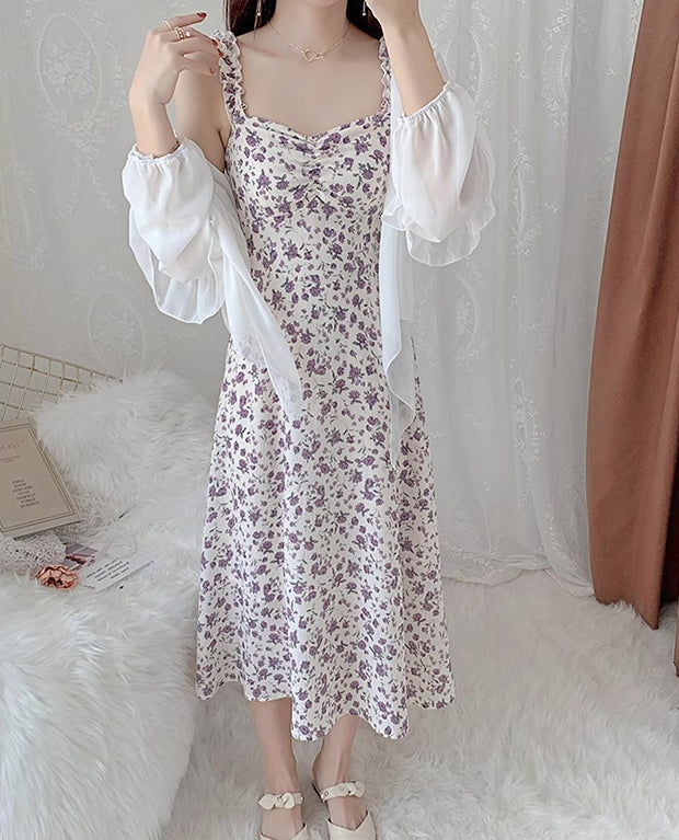 Enchanted Floral Midi Dress (White/Purple)