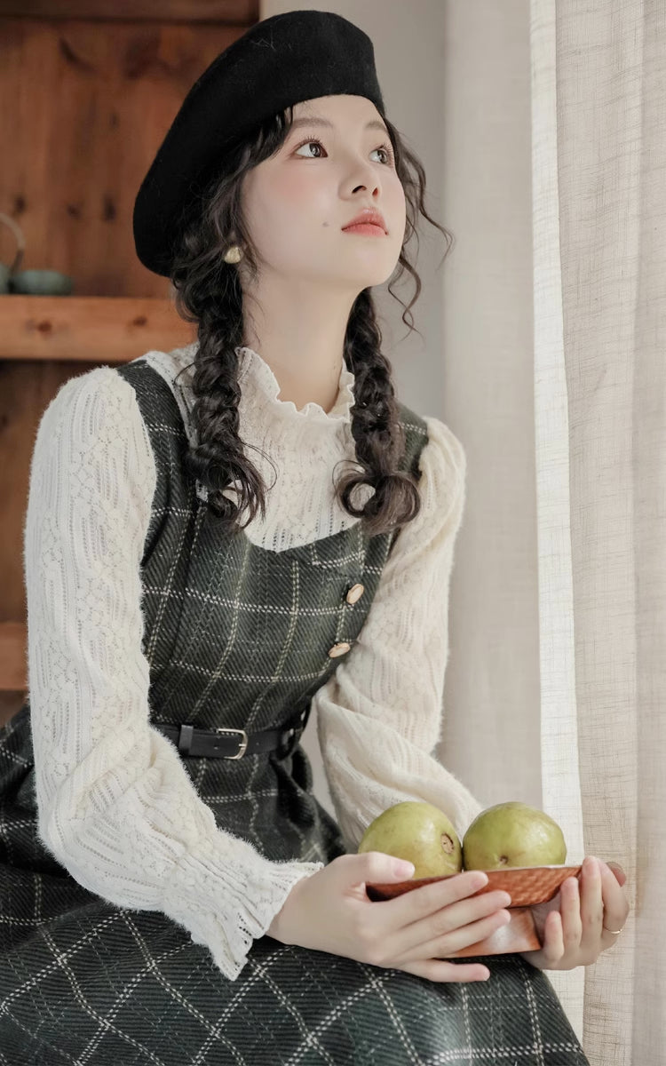 Plaid Pinafore Twofer Midi Dress (Green)