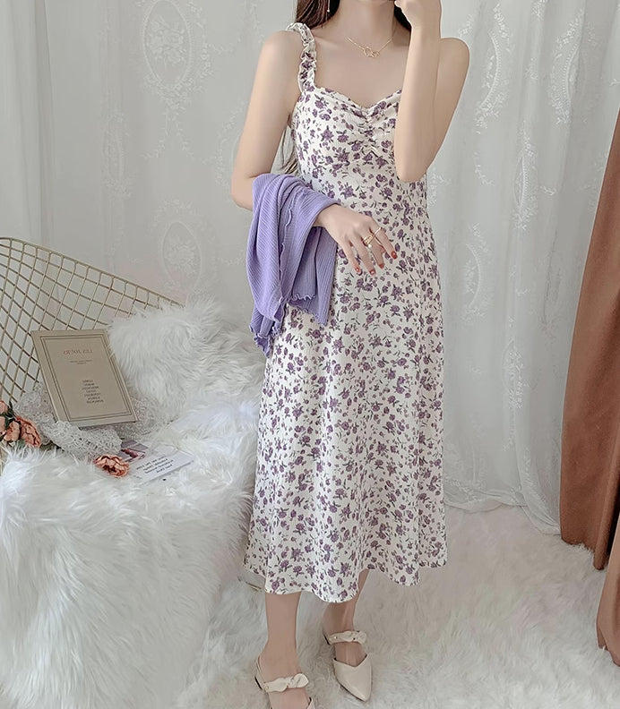 Enchanted Floral Midi Dress (White/Purple)