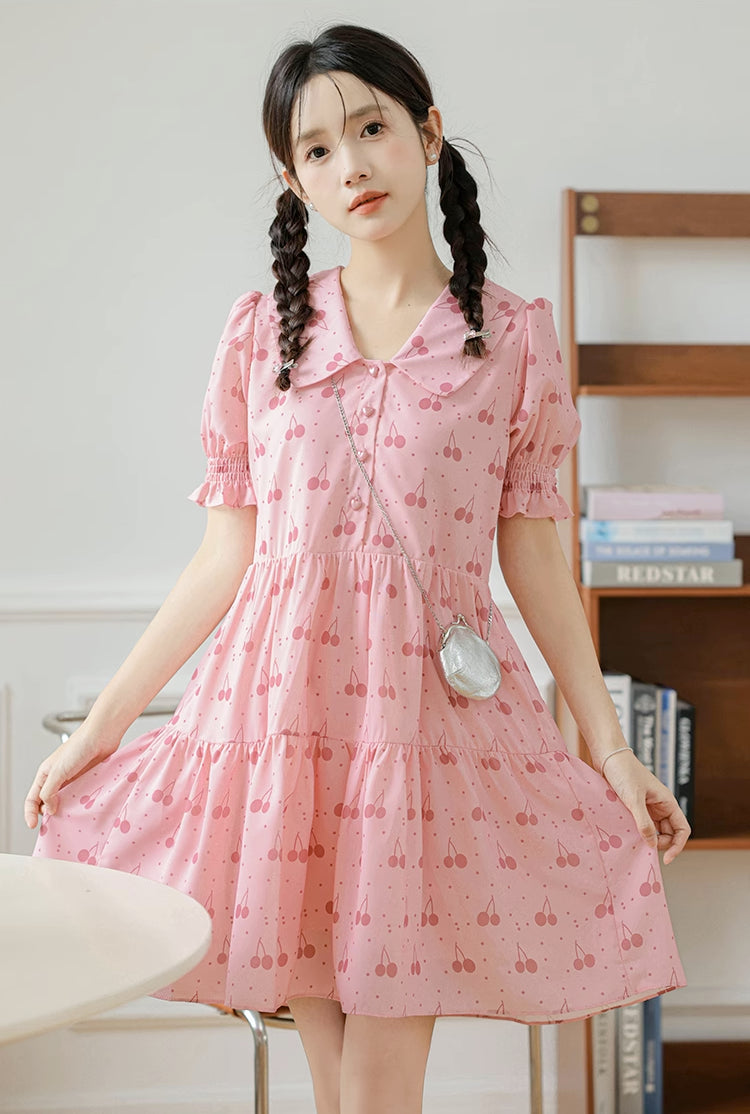 Sweet Cherry Tiered Shirt Dress (Pink)