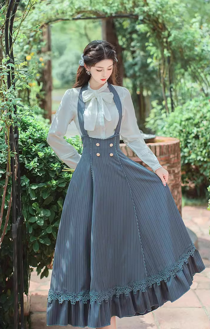 Long Gingham Suspender Skirt Blue Stripe Halter Neck Suspender Dress M Blue Long Gingham Suspender Skirt Blue Stripe Halter Neck Suspender Dress M Blue