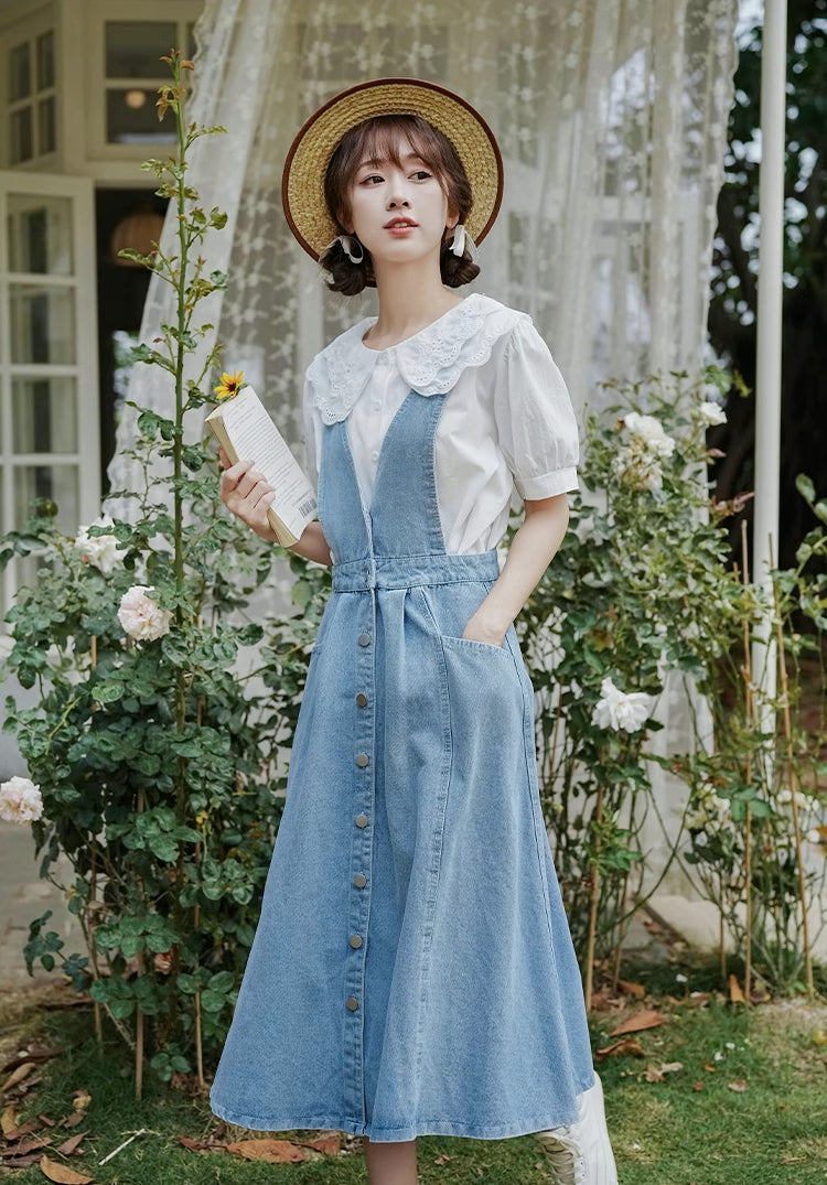 Button Denim Midi Pinafore Dress (Light Blue)