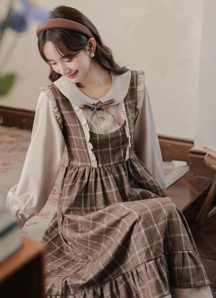 Cocoa Plaid Twofer Midi Dress (Khaki)