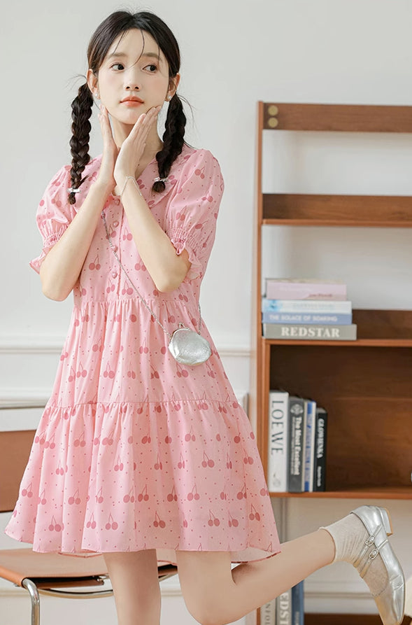 Sweet Cherry Tiered Shirt Dress (Pink)