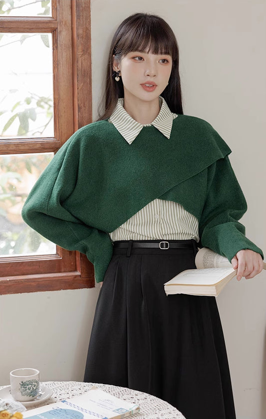 Criss Cross Cropped Throwover Sweater (Green)