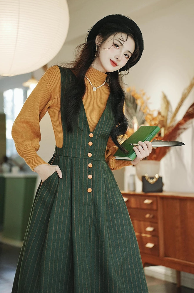 Gingko Stripe Pinafore & Sweater Set (Mustard/Green) Megoosta Fashion Gingko Stripe Pinafore & Sweater Set (Mustard/Green) Megoosta Fashion