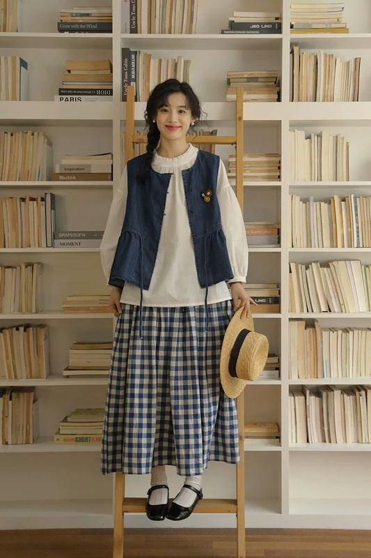 Everyday Blouse, Denim Vest & Gingham Skirt Set
