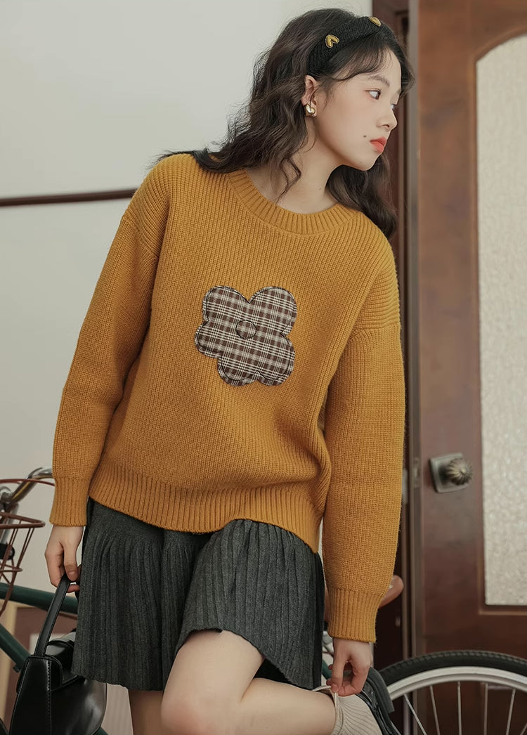 Plaid Flower Sweater (Mustard)