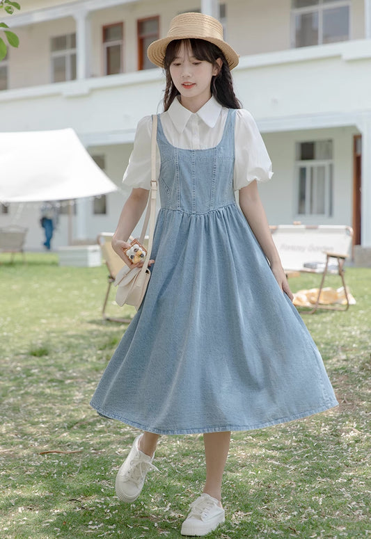 Denim Twofer Midi Dress (Medium Blue)