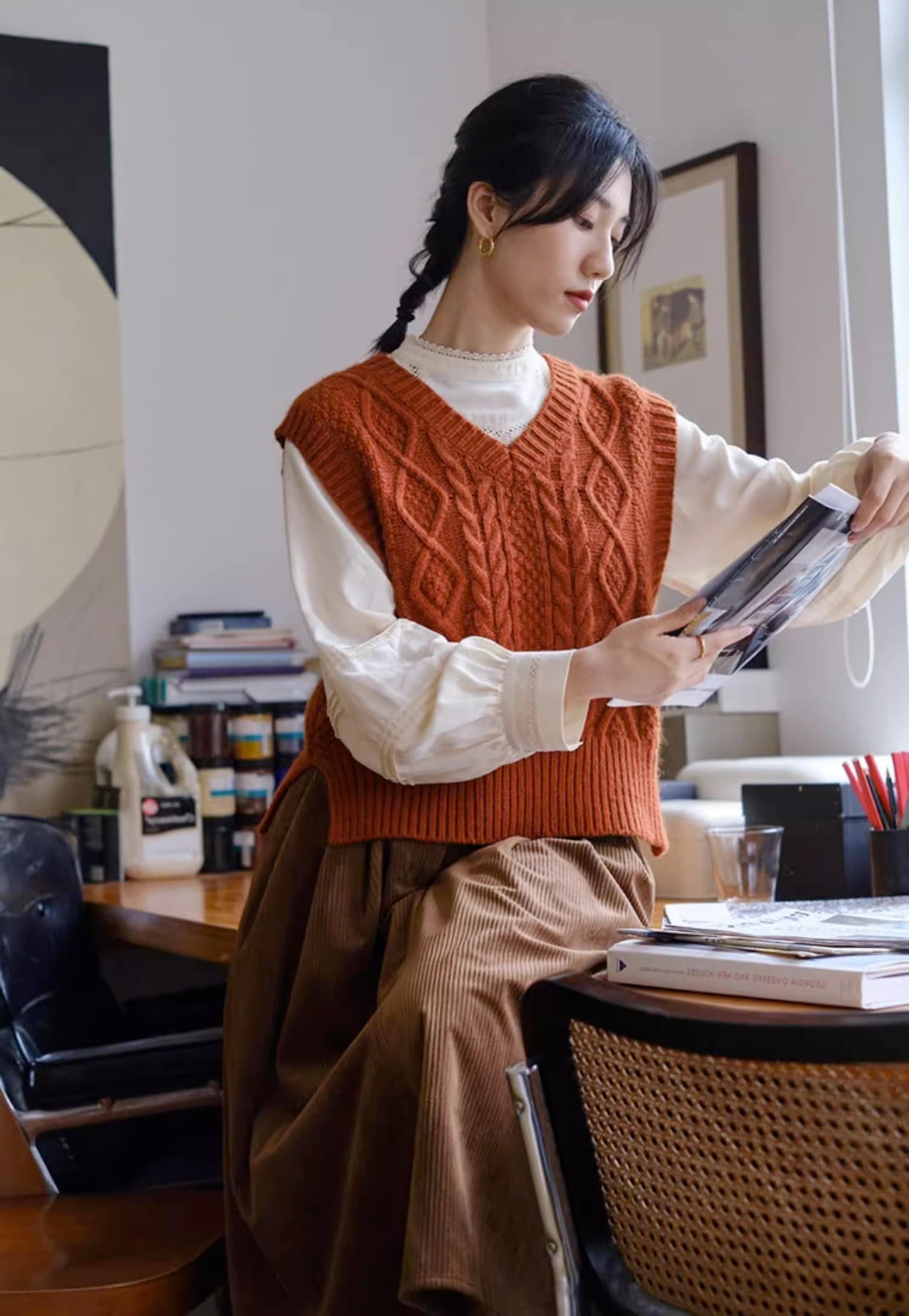 Maple Cable Knit Vest (Rust)