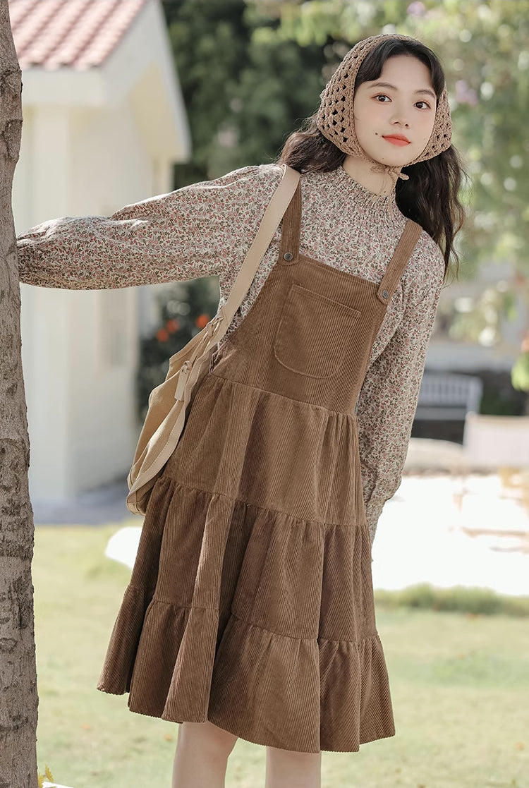 Tiered Corduroy Pinafore Dress & Blouse (Brown)