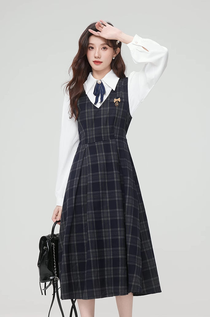 Oxford Plaid Midi Pinafore & Blouse Set (Navy)
