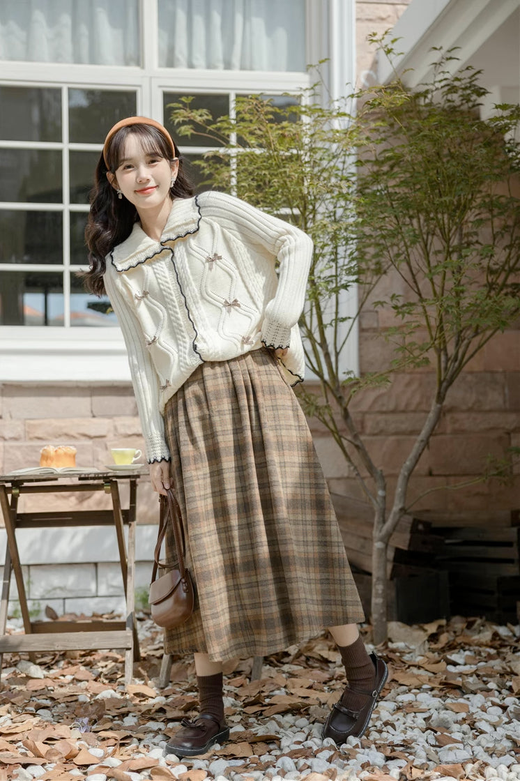 Rustic Plaid Midi Skirt (Khaki/Orange)