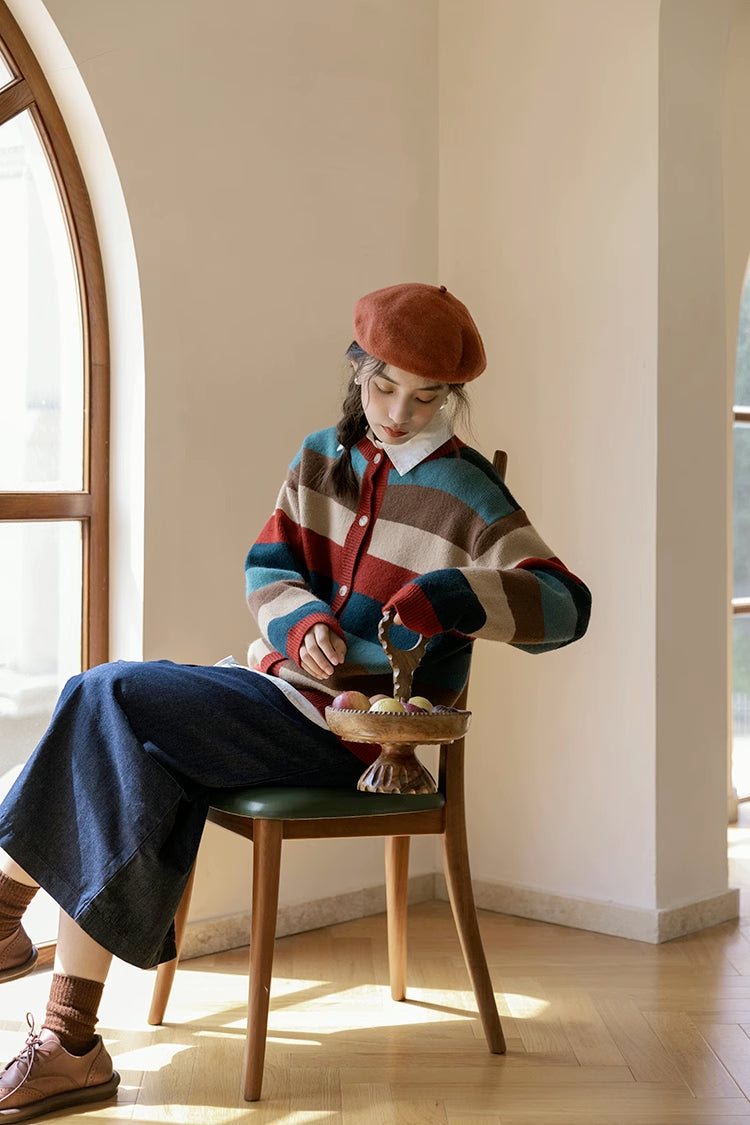 Cozy Stripe Cardigan (Maroon/Teal)
