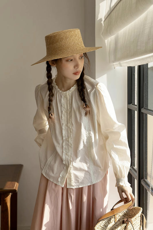 Ruffle Broderie Trim Blouse (White)