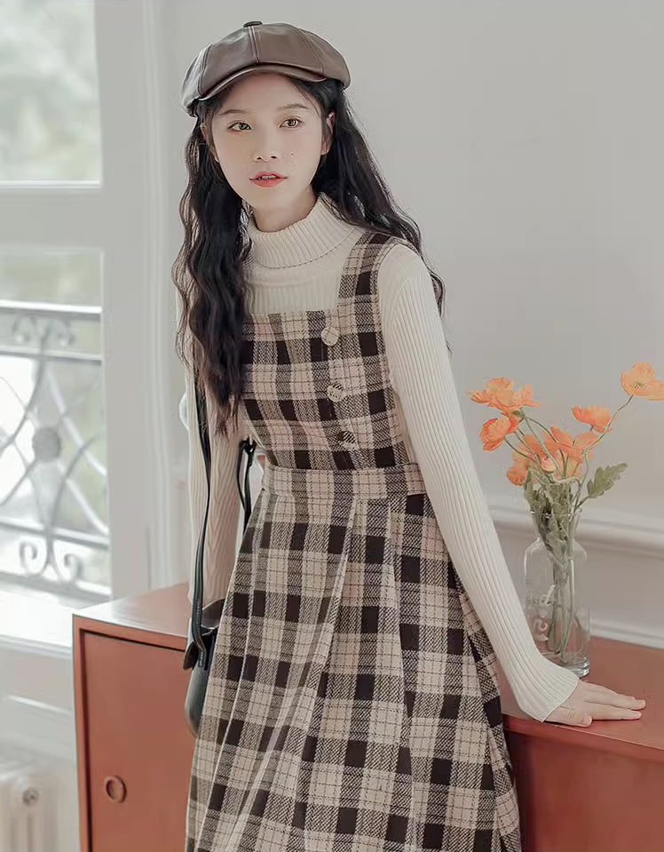 Academia Plaid Pinafore Dress (Khaki)