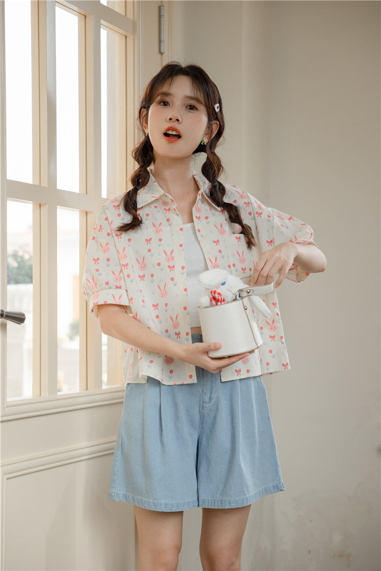 Pink Bunny Cropped Button Up Shirt (White)