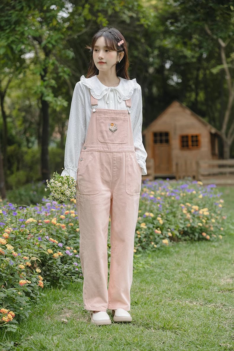 Flower Bouquet Embroidered Overalls (Pink)