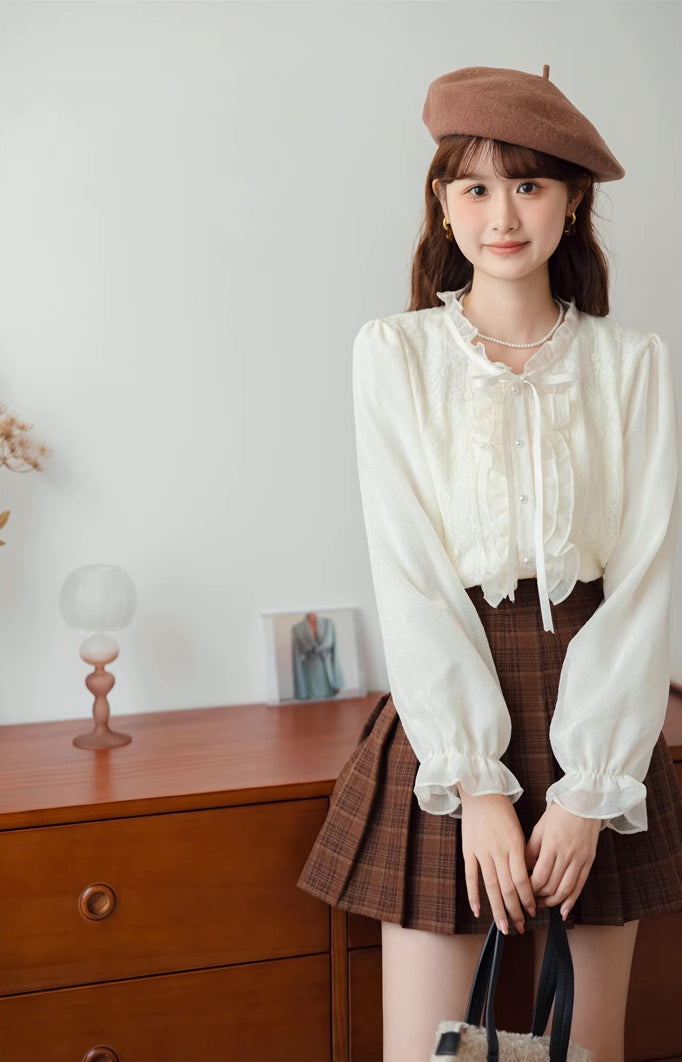 Ruffle Trim Tie Neck Blouse (Cream)