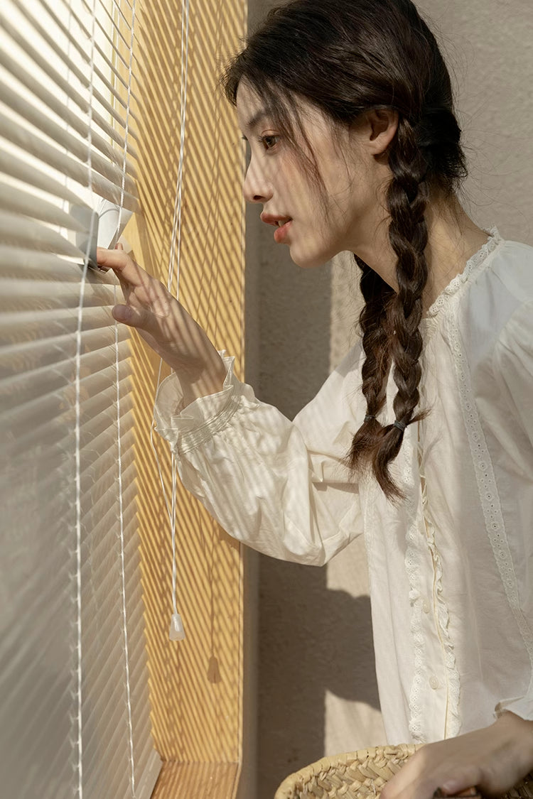 Ruffle Broderie Trim Blouse (White)