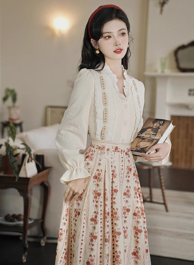 Rose Wallpaper Blouse & Skirt Set (Cream/Red)