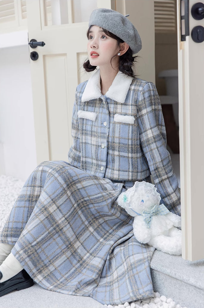 Elsa Plaid Tweed Midi Set (Blue)