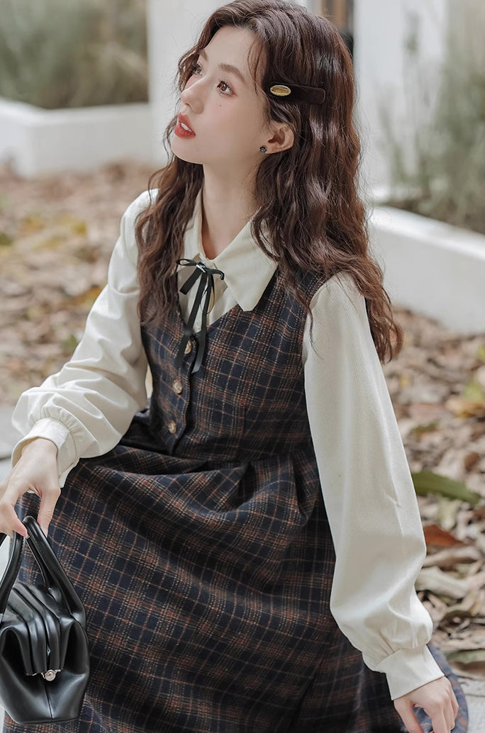 Edinburgh Plaid Pinafore Dress Set (Navy)