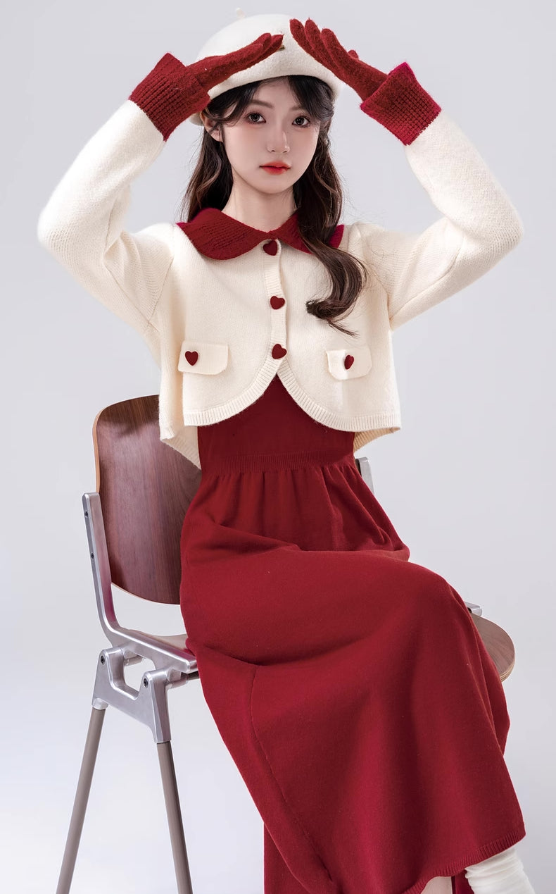 Sweetheart Cropped Cardigan (White/Red)