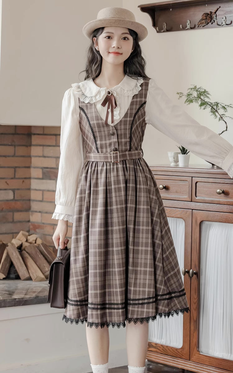 Mocca Plaid Midi Dress (Brown)