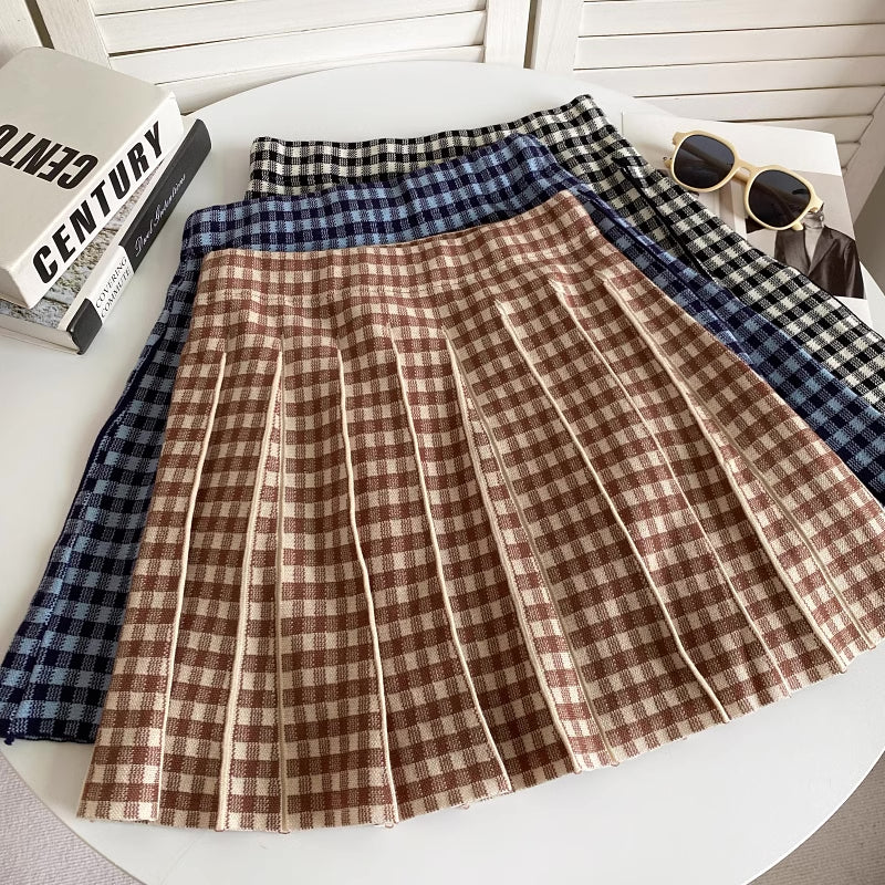 Gingham Knit Pleated Skirt (7 Colors)