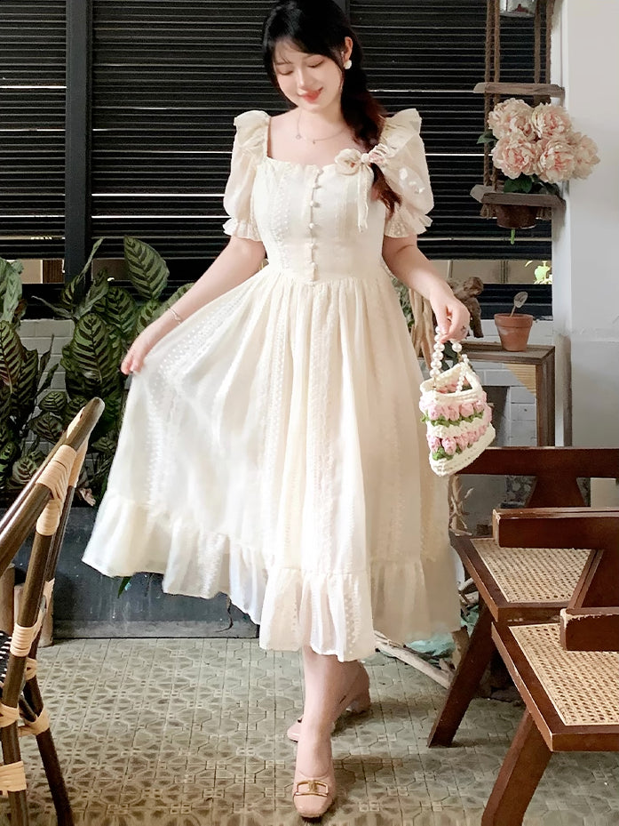 Lace Broderie Midi Dress (Cream)