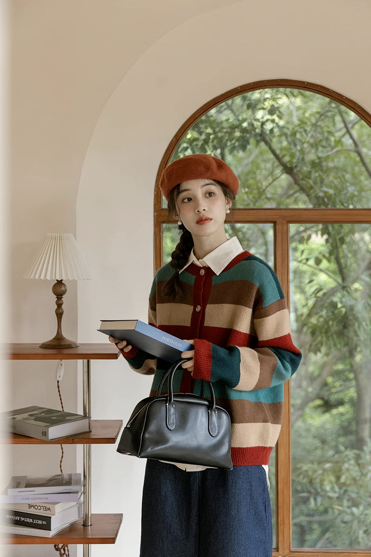 Cozy Stripe Cardigan (Maroon/Teal)