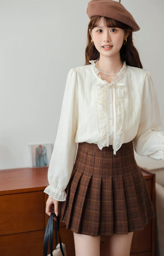 Ruffle Trim Tie Neck Blouse (Cream)