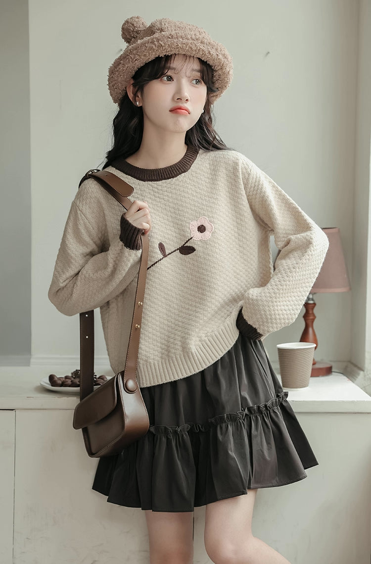 Waffle Knit Flower Sweater (2 Colors)