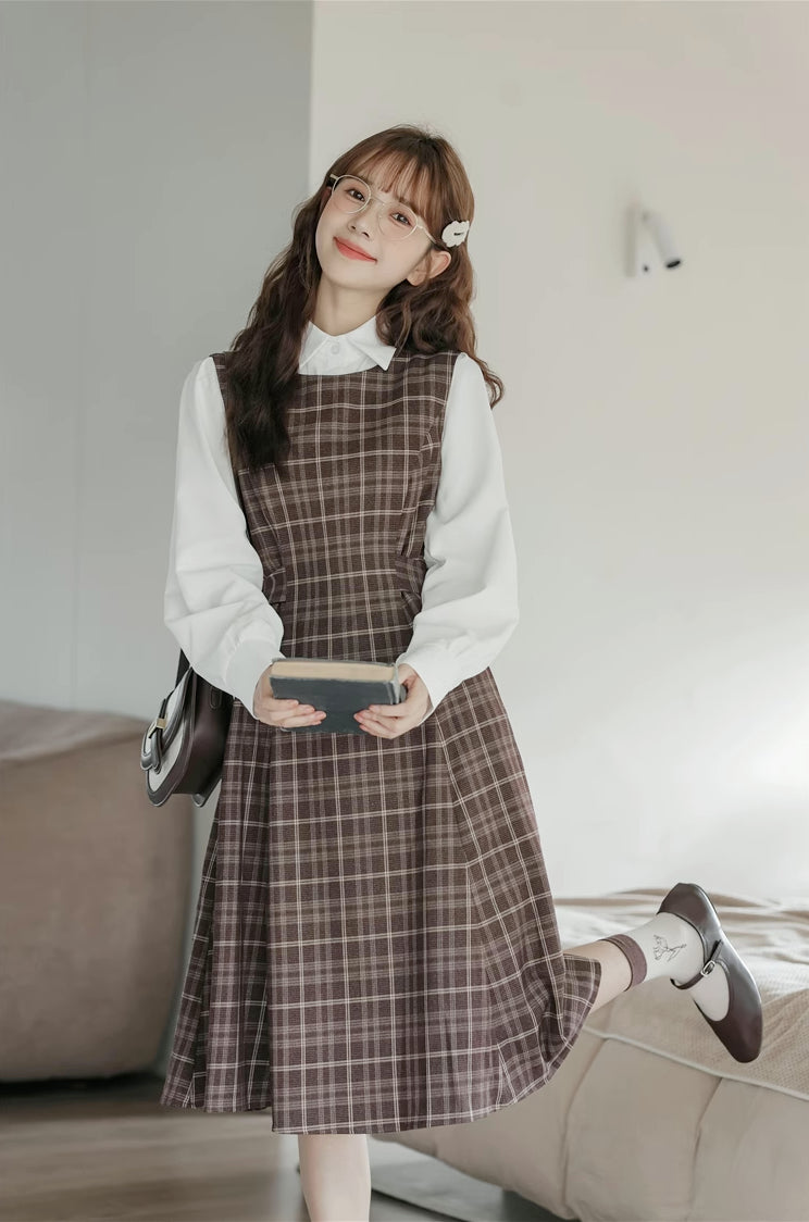 Cocoa Plaid Midi Dress (Dark Brown)
