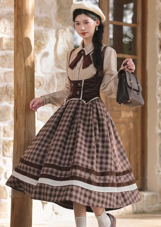 Mocca Plaid Suspender Skirt (Brown)