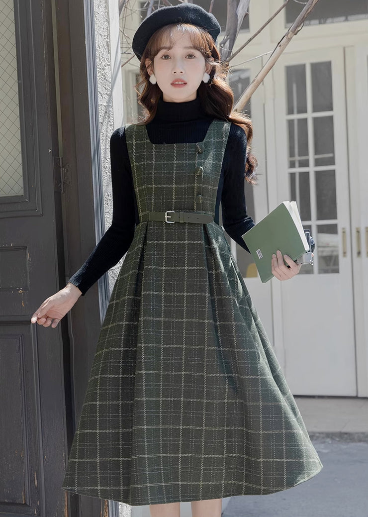 Belted Plaid Pinafore Dress (3 Colors)