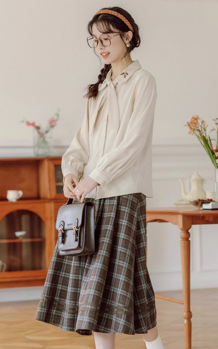 Leafy Corduroy Tie-Neck Blouse (Cream)