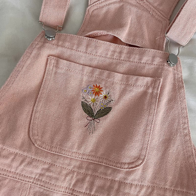 Flower Bouquet Embroidered Overalls (Pink)