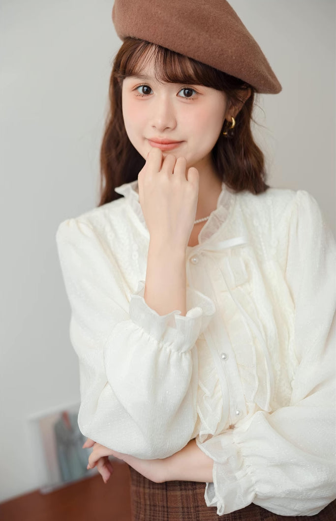 Ruffle Trim Tie Neck Blouse (Cream)