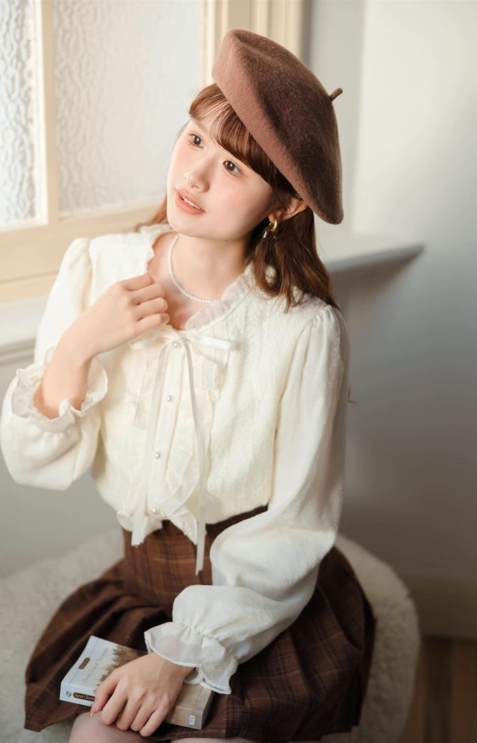 Ruffle Trim Tie Neck Blouse (Cream)