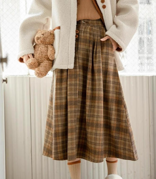 Rustic Plaid Midi Skirt (Khaki/Orange)
