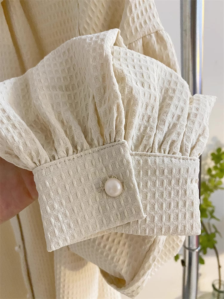 Waffle Puff Sleeve Blouse (Milk Tea)
